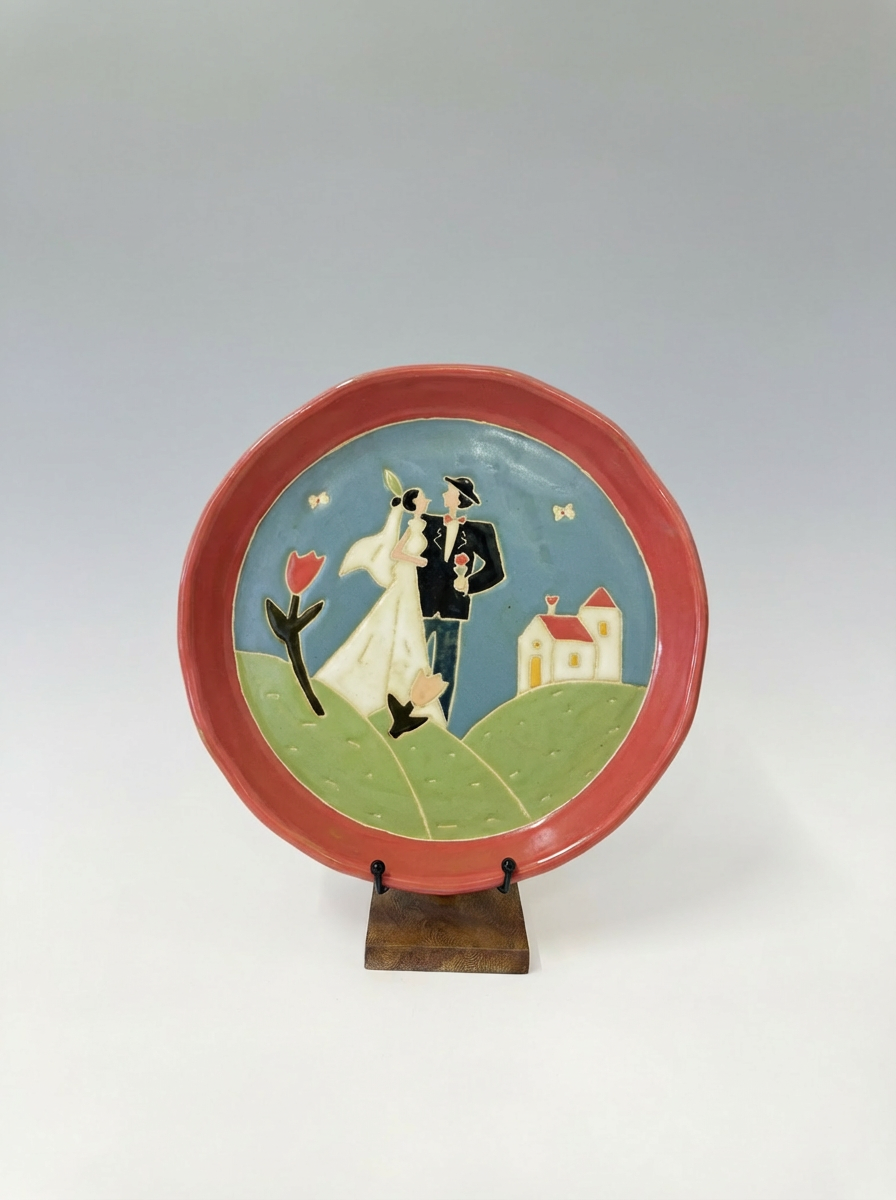 "The Sweetest Start" Hand-Painted Ceramic Plate | Bride, Groom & Chapel Folk Art | Wedding & Housewarming Gift