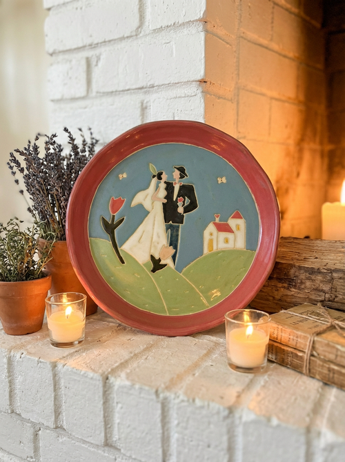 "The Sweetest Start" Hand-Painted Ceramic Plate | Bride, Groom & Chapel Folk Art | Wedding & Housewarming Gift