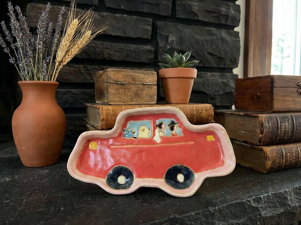 Hand-Painted "Just Married" Car Dish | Bride, Groom & Pets | Unique Artisan Wedding Gift