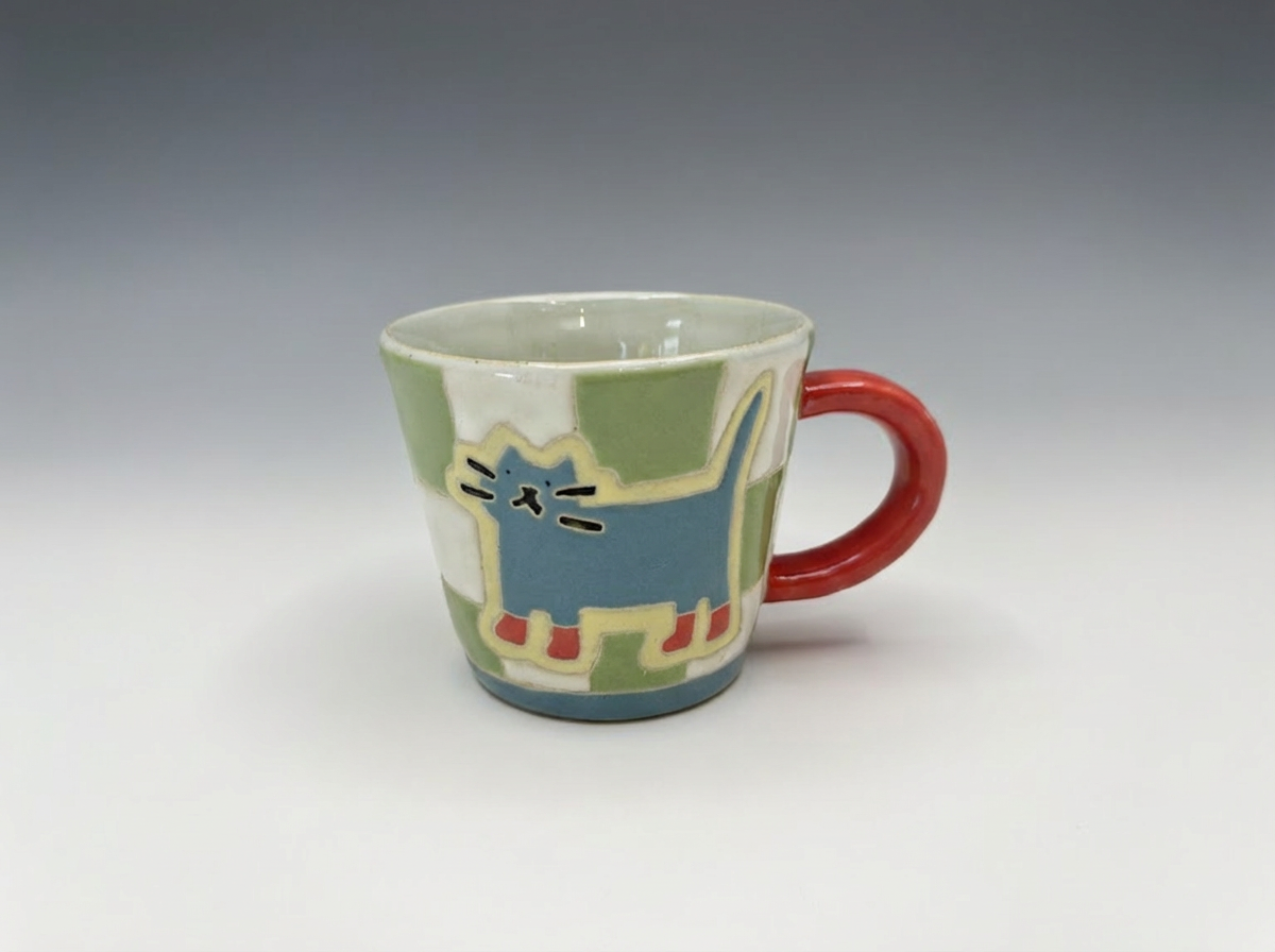 Hand-Painted "Boots the Cat" Checkered Mug | Artisan Ceramic Coffee Cup | Custom Pet Portrait