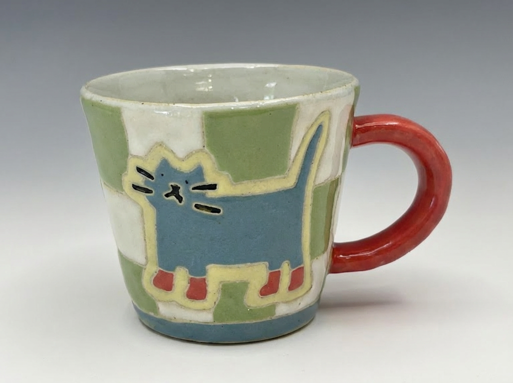 Hand-Painted "Boots the Cat" Checkered Mug | Artisan Ceramic Coffee Cup | Custom Pet Portrait