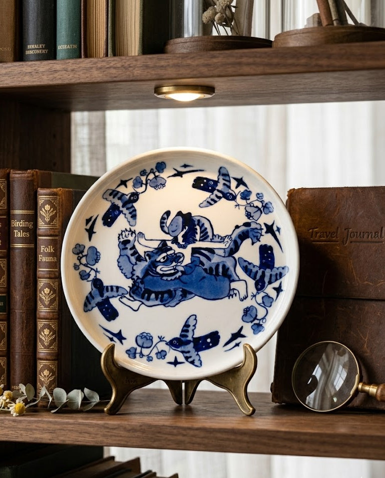 LUMIGIFT Artisan Hand-Painted Blue & White Porcelain Plate - Whimsical Tiger Motif, Decorative Display & Catchall